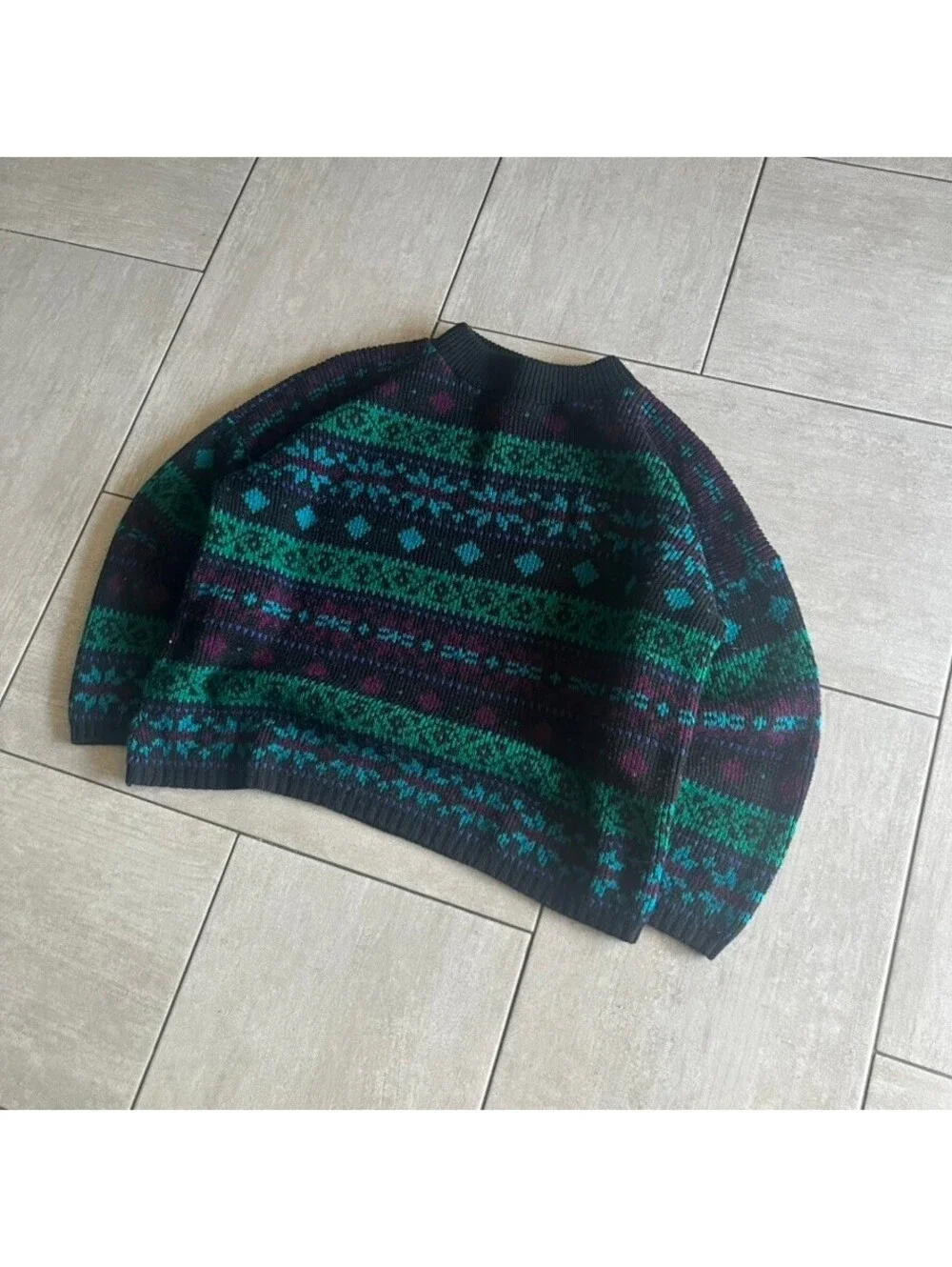 Vintage Spoiled Girls Patterned Knit Pullover Sweater Black Green Purple